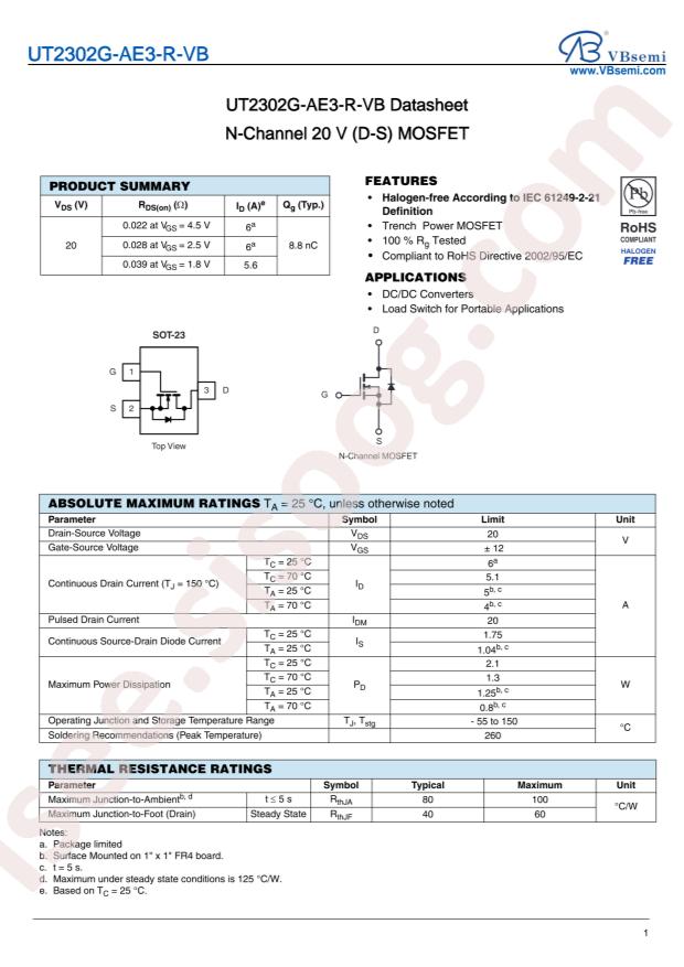 VBsemi Elec UT2302G-AE3-R-VB