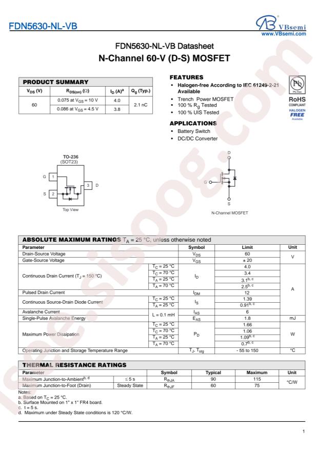 VBsemi Elec FDN5630-NL-VB