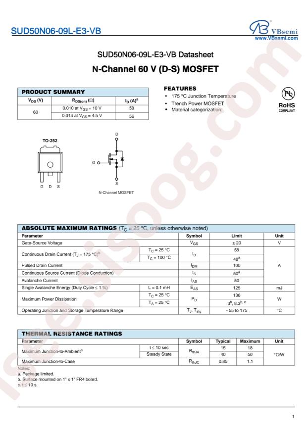 VBsemi Elec SUD50N06-09L-E3-VB