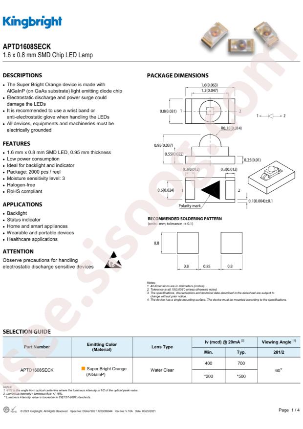 Kingbright APTD1608SECK