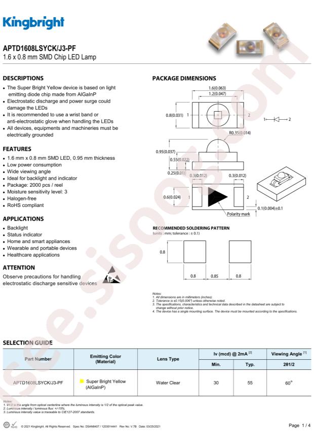 Kingbright APTD1608LSYCK/J3-PF