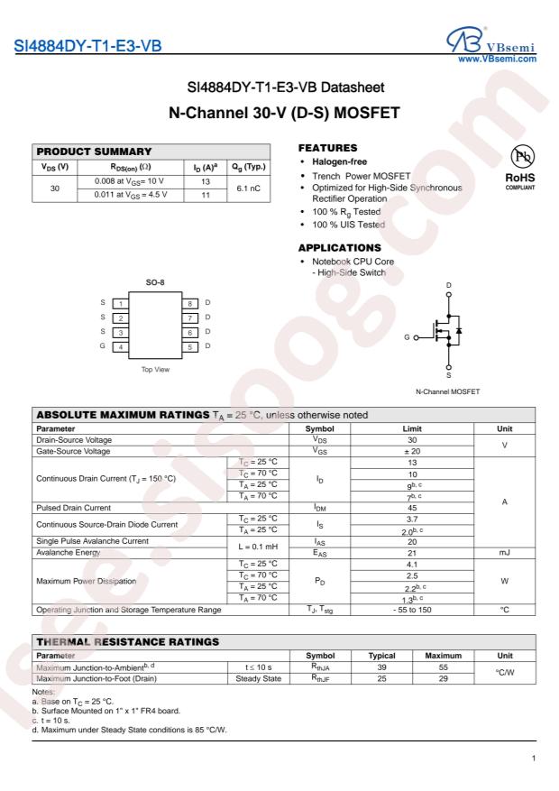 VBsemi Elec SI4884DY-T1-E3-VB