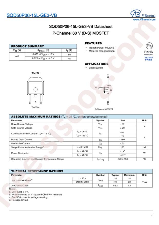 VBsemi Elec SQD50P06-15L-GE3-VB