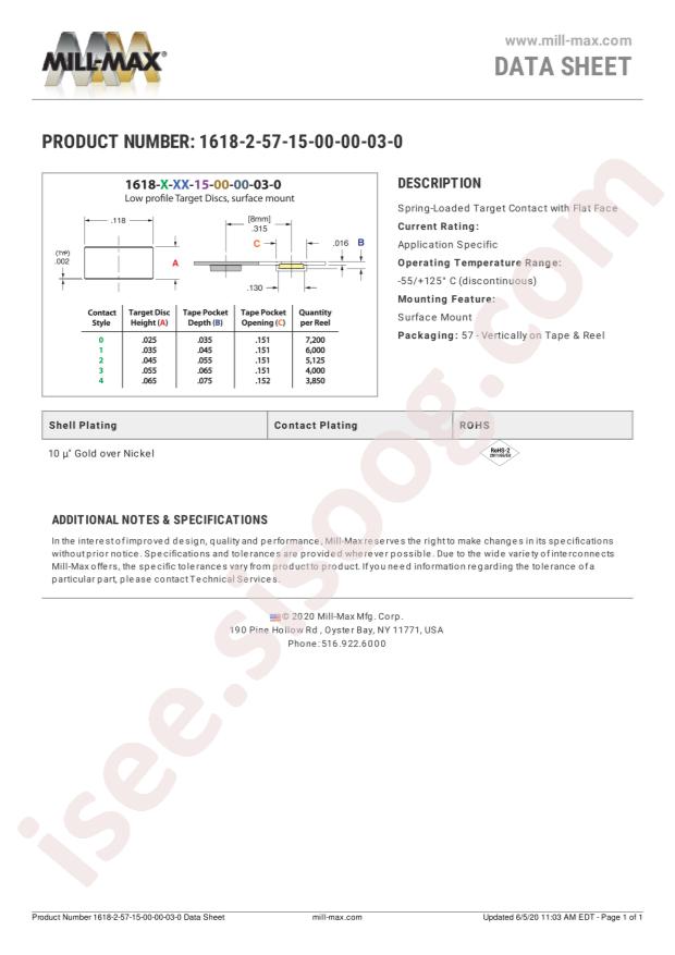 Mill-Max Mfg. Corp. 1618-2-57-15-00-00-03-0