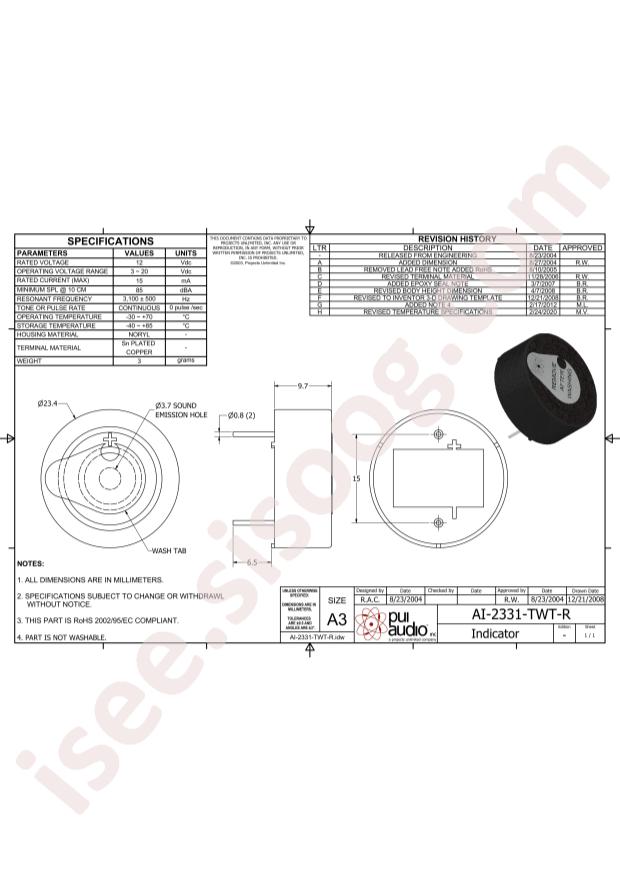 PUI Audio, Inc. AI-2331-TWT-R