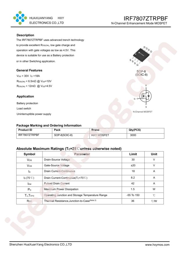HXY MOSFET IRF7807ZTRPBF-HXY