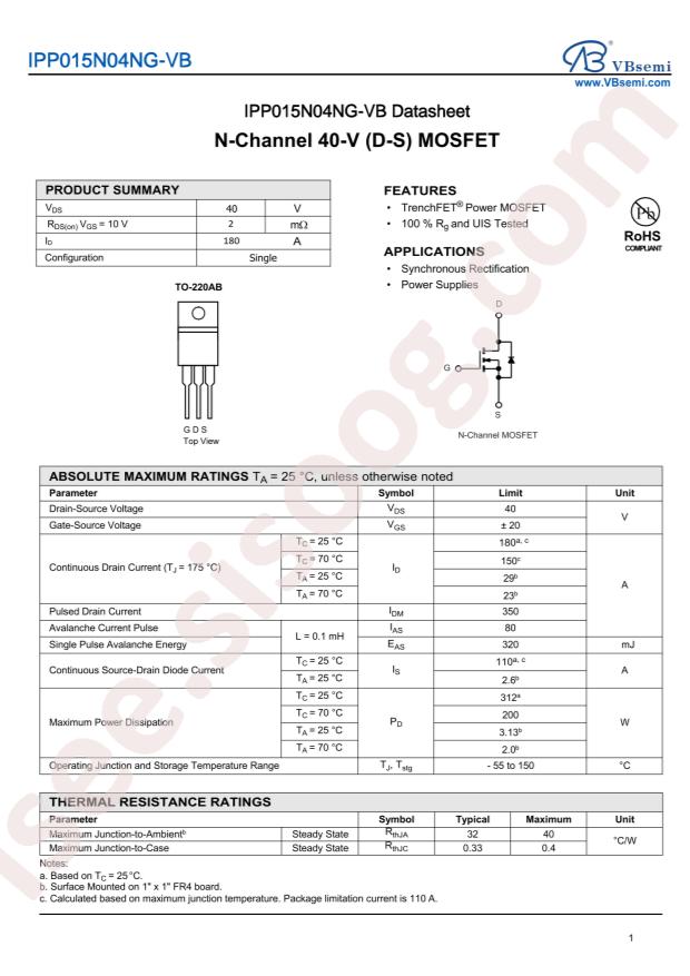 VBsemi Elec IPP015N04NG-VB