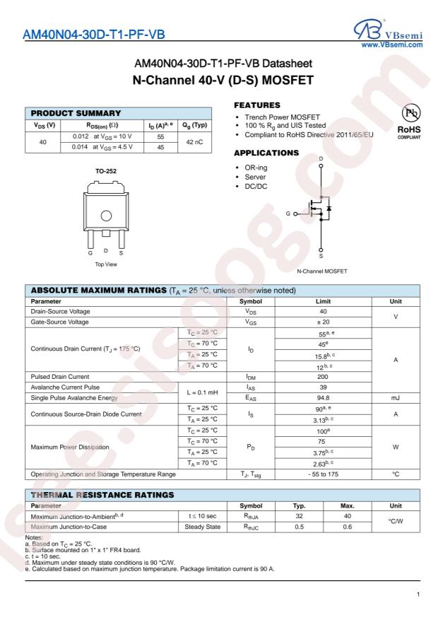 VBsemi Elec AM40N04-30D-T1-PF-VB
