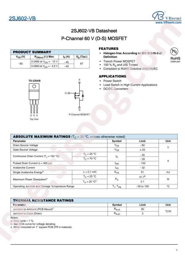 VBsemi Elec 2SJ602-VB