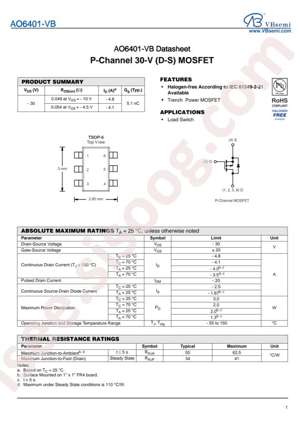 VBsemi Elec AO6401-VB