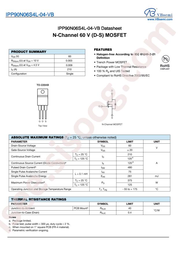 VBsemi Elec IPP90N06S4L-04-VB