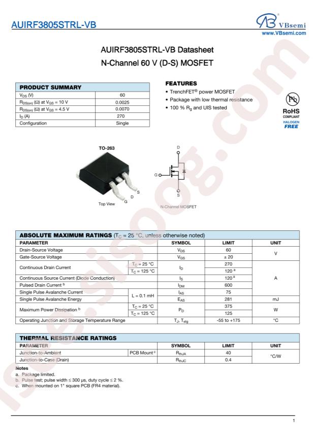 VBsemi Elec AUIRF3805STRL-VB