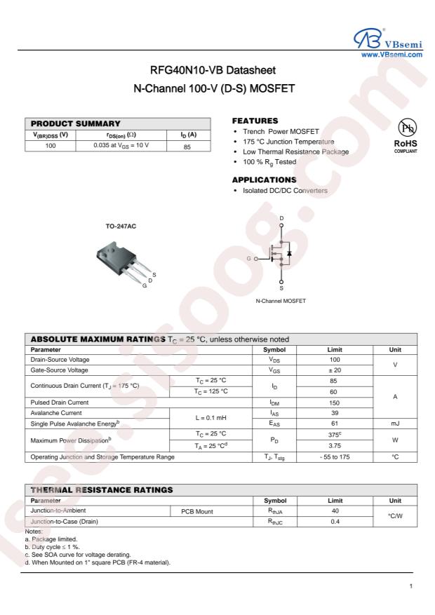 VBsemi Elec RFG40N10-VB