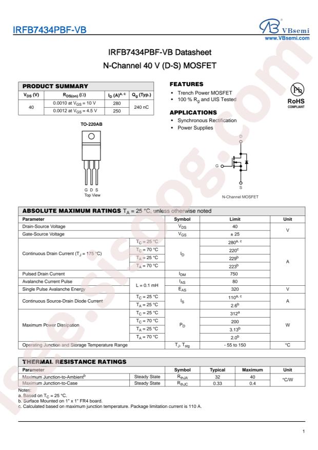 VBsemi Elec IRFB7434PBF-VB