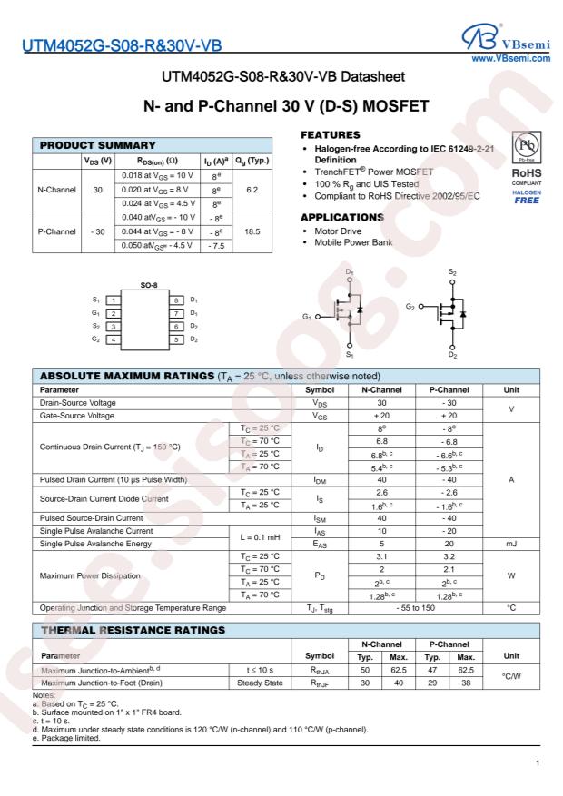VBsemi Elec UTM4052G-S08-R&30V-VB
