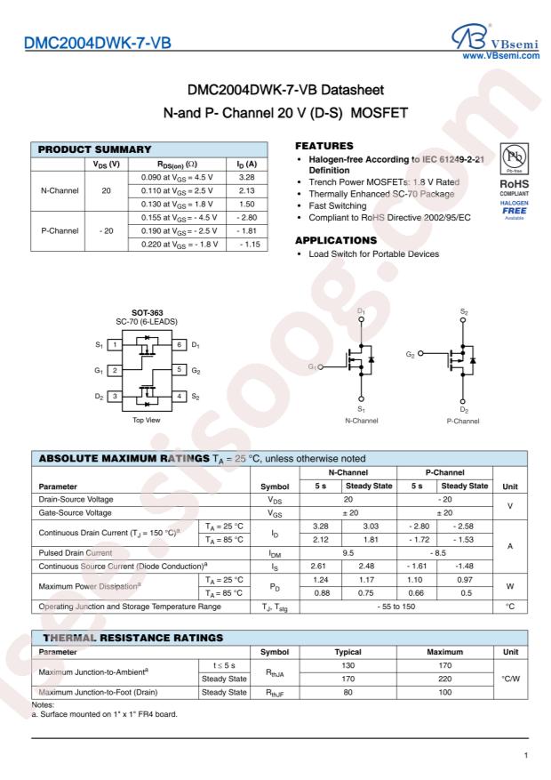 VBsemi Elec DMC2004DWK-7-VB