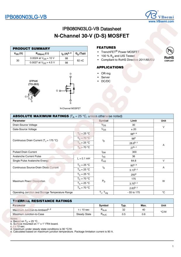 VBsemi Elec IPB080N03LG-VB
