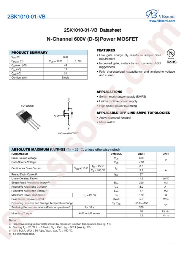 VBsemi Elec 2SK1010-01-VB
