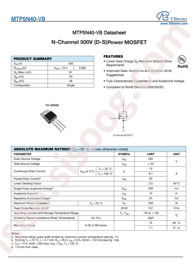 VBsemi Elec MTP5N40-VB