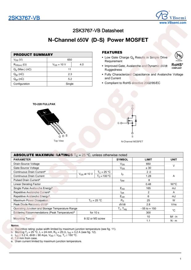 VBsemi Elec 2SK3767-VB