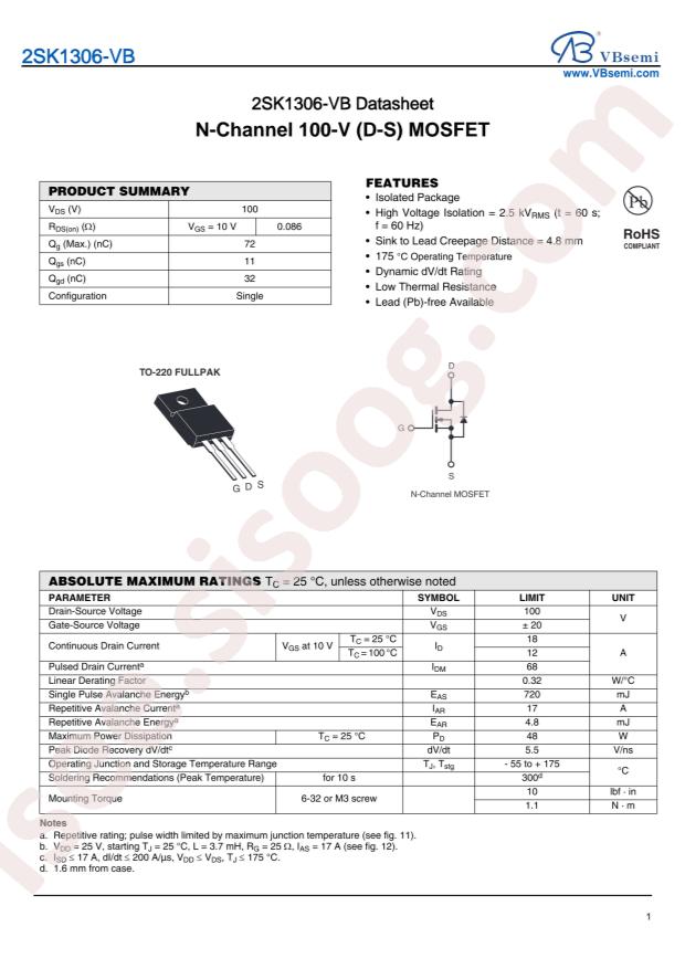 VBsemi Elec 2SK1306-VB