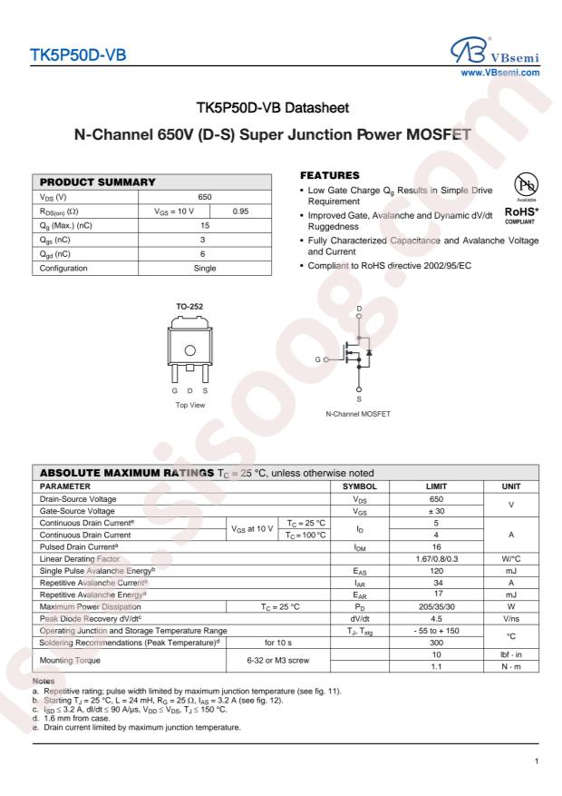 VBsemi Elec TK5P50D-VB
