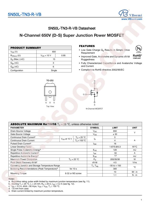 VBsemi Elec 5N50L-TN3-R-VB