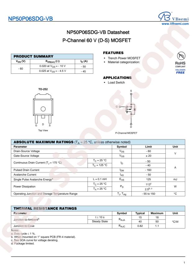VBsemi Elec NP50P06SDG-VB