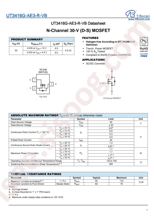 VBsemi Elec UT3416G-AE3-R-VB