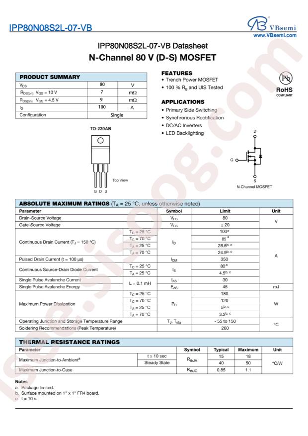 VBsemi Elec IPP80N08S2L-07-VB