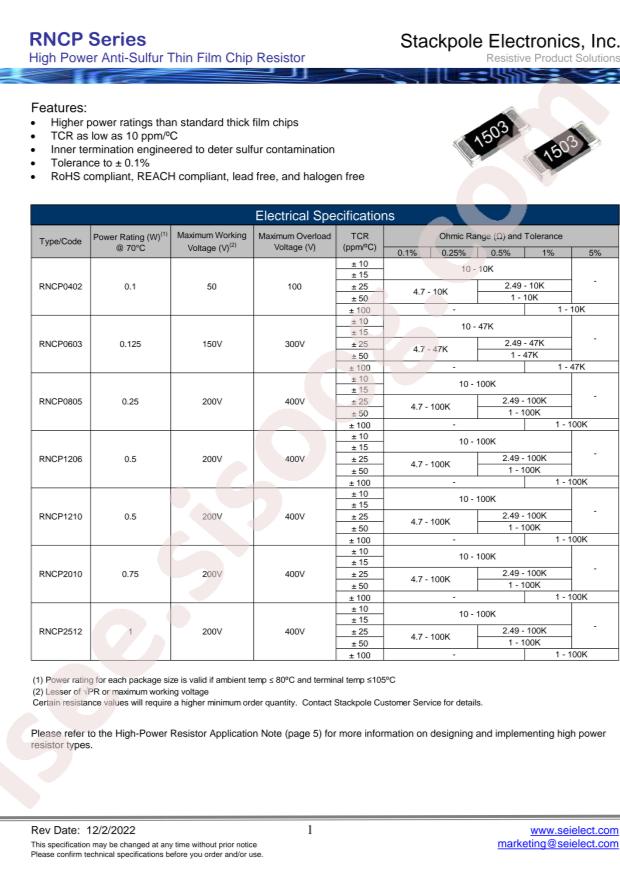 SEI(Stackpole Electronics Inc.) RNCP1206FTD150R