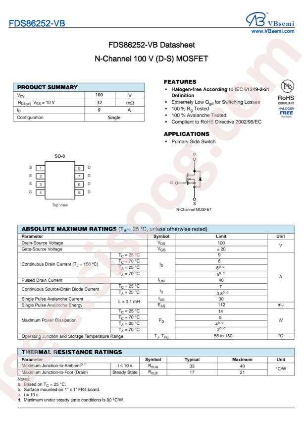 VBsemi Elec FDS86252-VB