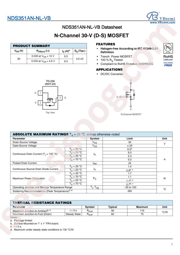 VBsemi Elec NDS351AN-NL-VB