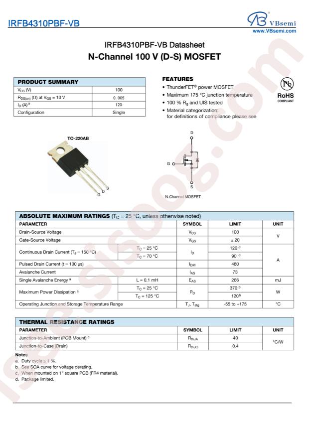 VBsemi Elec IRFB4310PBF-VB