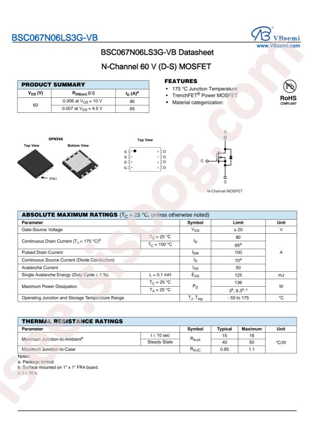 VBsemi Elec BSC067N06LS3G-VB