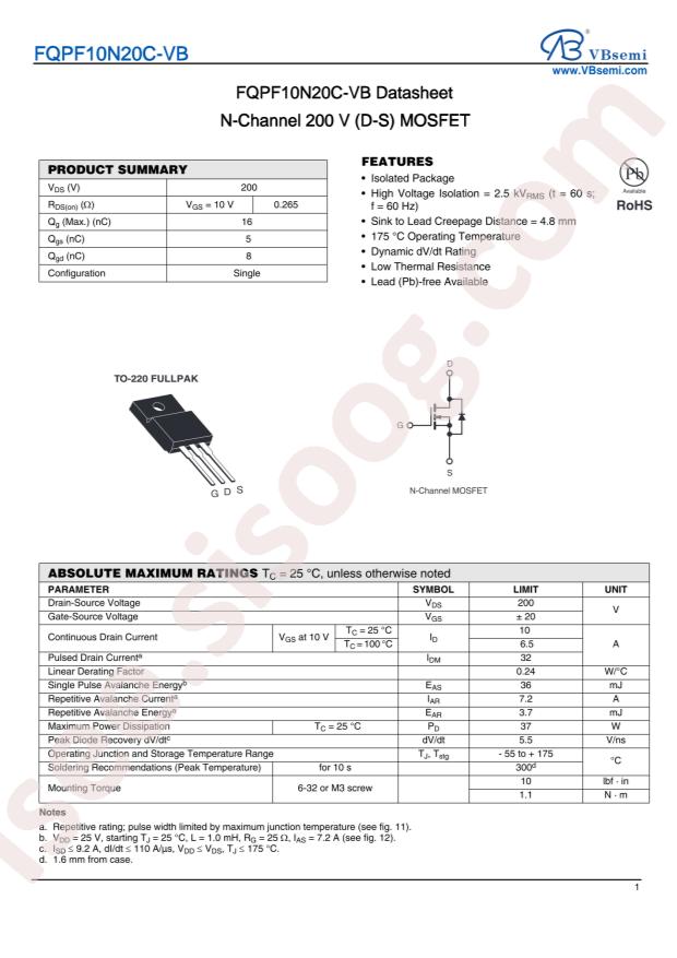 VBsemi Elec FQPF10N20C-VB