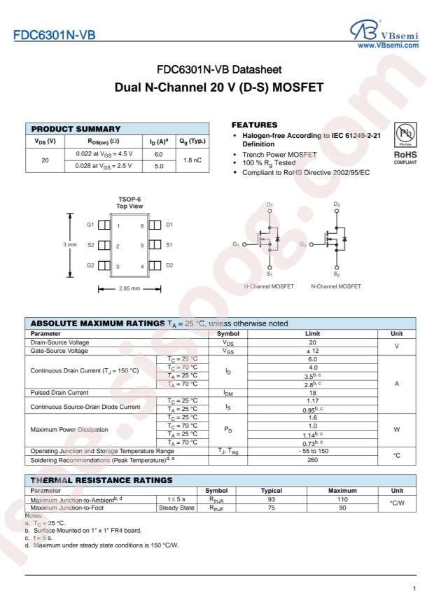 VBsemi Elec FDC6301N-VB
