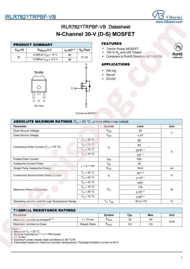 VBsemi Elec IRLR7821TRPBF-VB