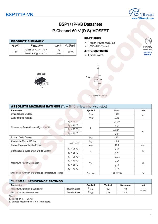 VBsemi Elec BSP171P-VB