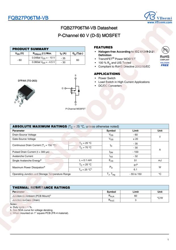 VBsemi Elec FQB27P06TM-VB