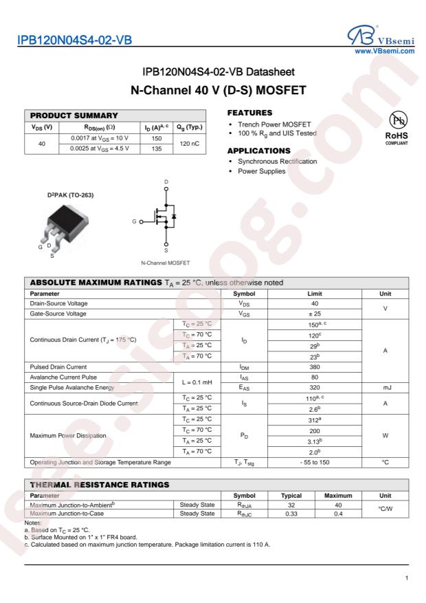 VBsemi Elec IPB120N04S4-02-VB
