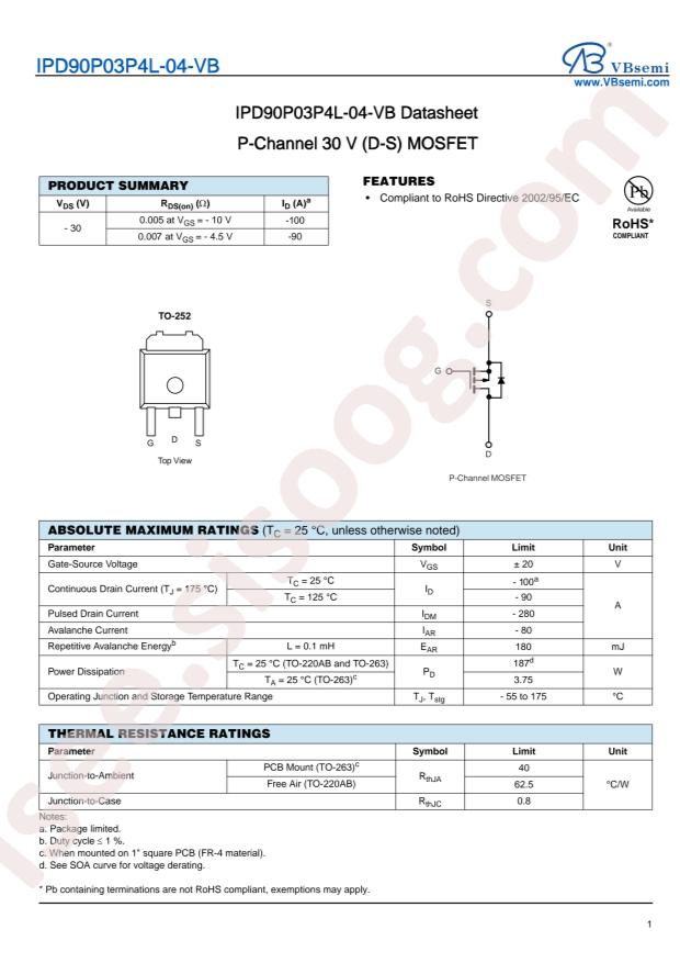 VBsemi Elec IPD90P03P4L-04-VB