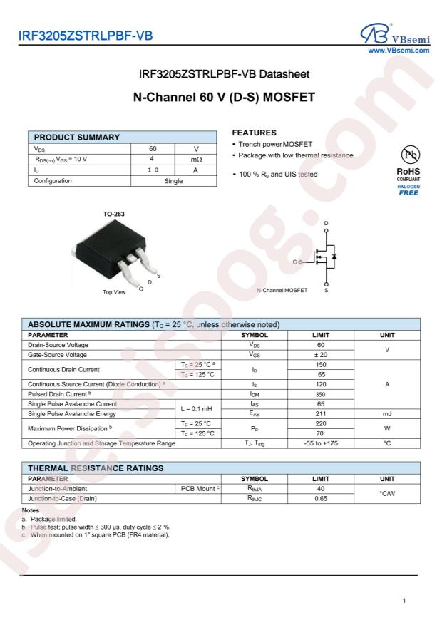 VBsemi Elec IRF3205ZSTRLPBF-VB