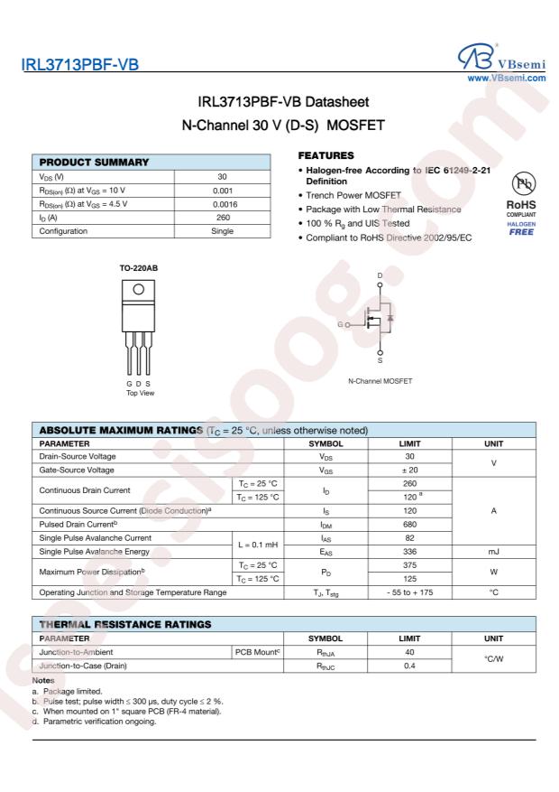 VBsemi Elec IRL3713PBF-VB
