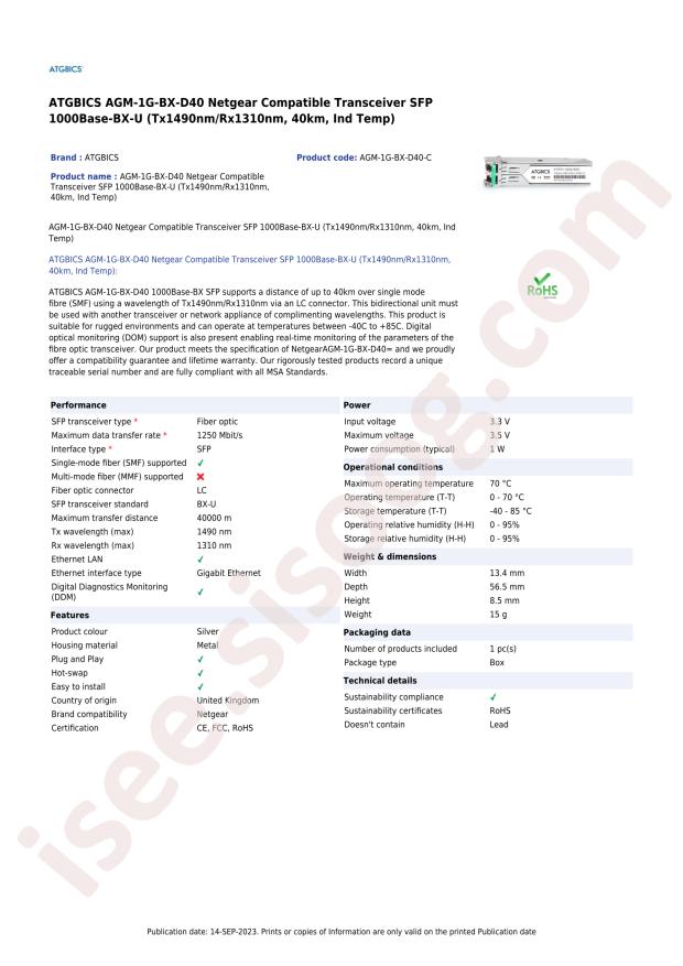 ATGBICS by Approved Technology Ltd AGM-1G-BX-D40-C
