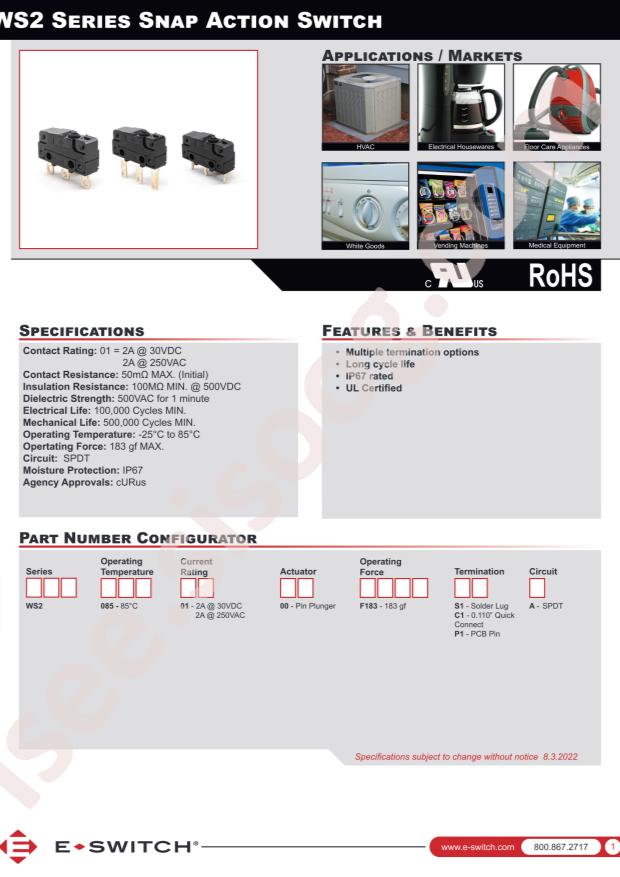 E-Switch WS20850100F183P1A