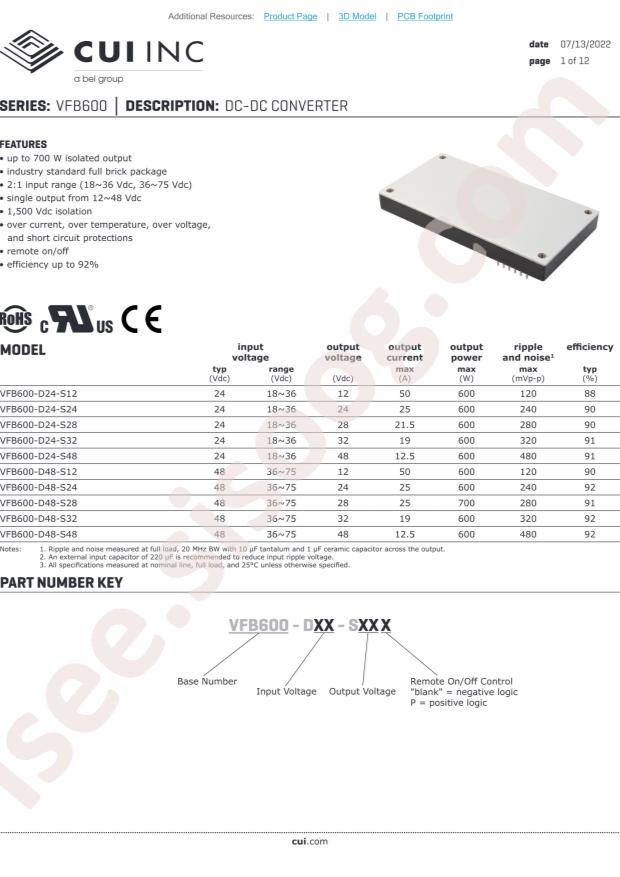 CUI VFB600-D48-S12