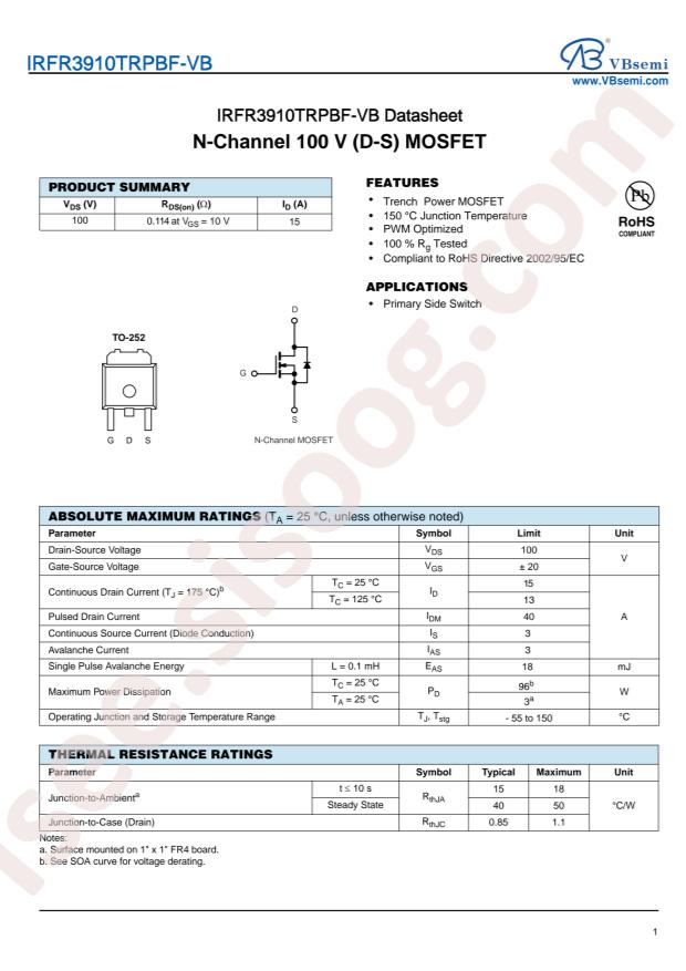 VBsemi Elec IRFR3910TRPBF-VB