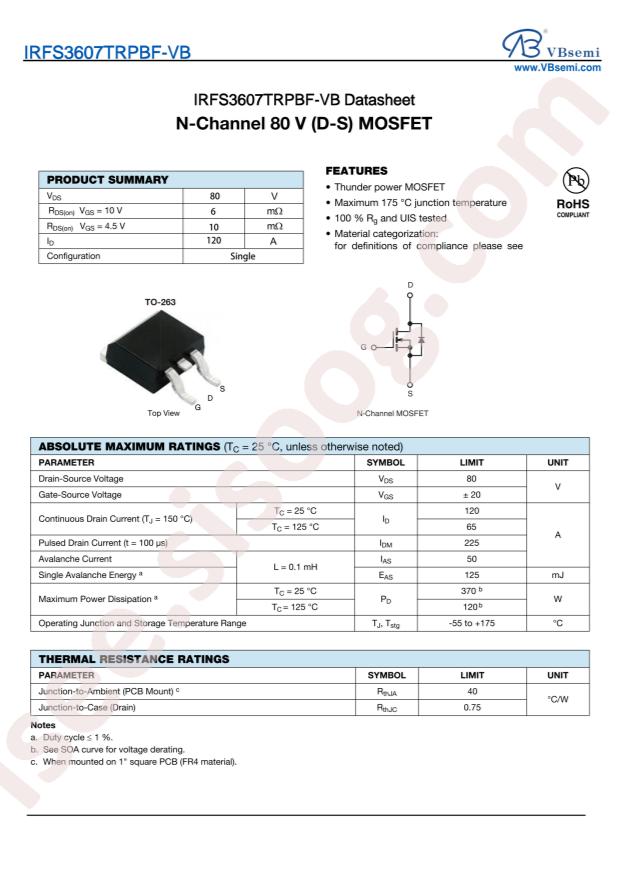 VBsemi Elec IRFS3607TRPBF-VB