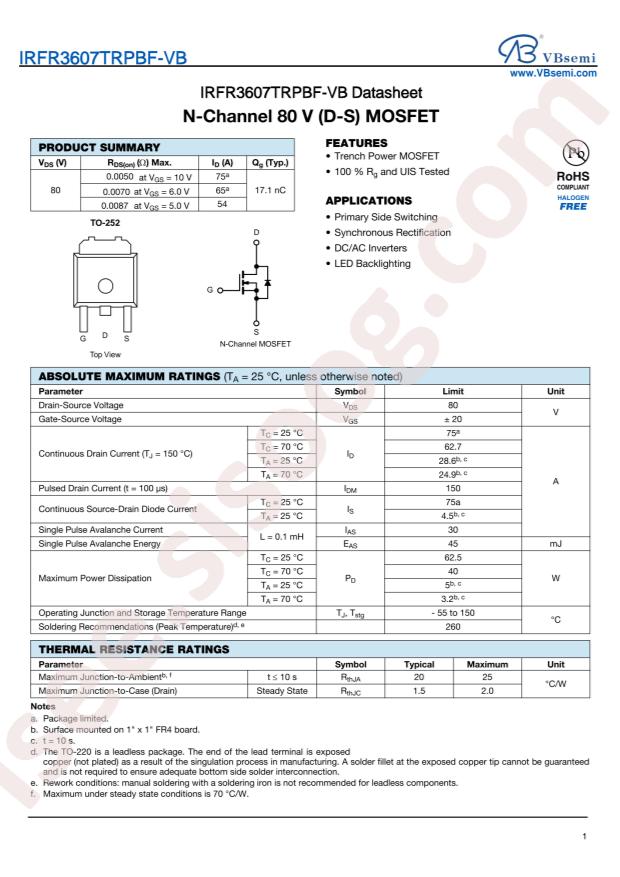 VBsemi Elec IRFR3607TRPBF-VB